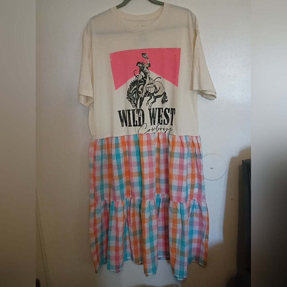 Cream 'Wild West' Graphic Midi Dress with Pastel Plaid Skirt